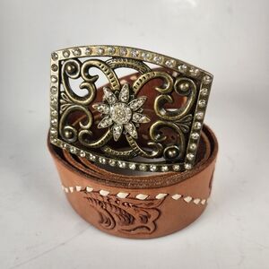 Western Rhinestone Belt Size 32 Brown Tooled Leather Cowboy Rodeo Equestrian